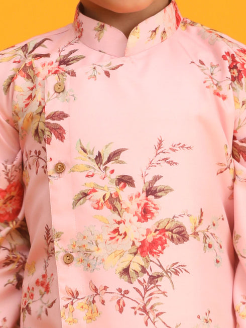 Vastramay Pink Cotton Blend Floral Print Kurta Pyjama Sibling Set