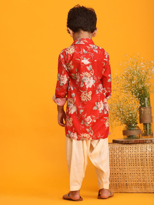 Vastramay Boy's Red Floral Printed Kurta with Cream Solid Pyjama Set