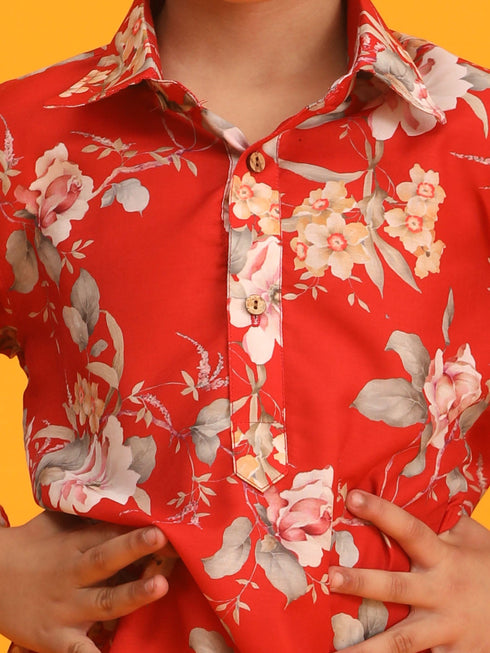 Vastramay Boy's Red Floral Printed Kurta with Cream Solid Pyjama Set