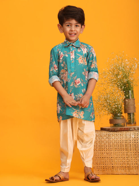 Vastramay Boy's Turquoise Floral Printed Kurta with Cream Solid Pyjama Set