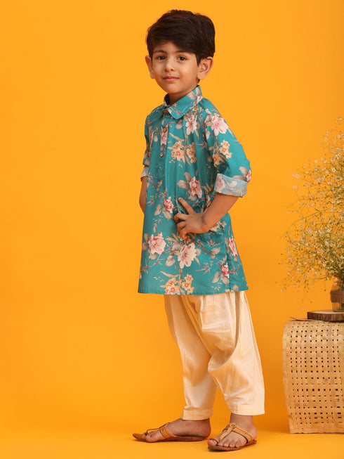 Vastramay Boy's Turquoise Floral Printed Kurta with Cream Solid Pyjama Set