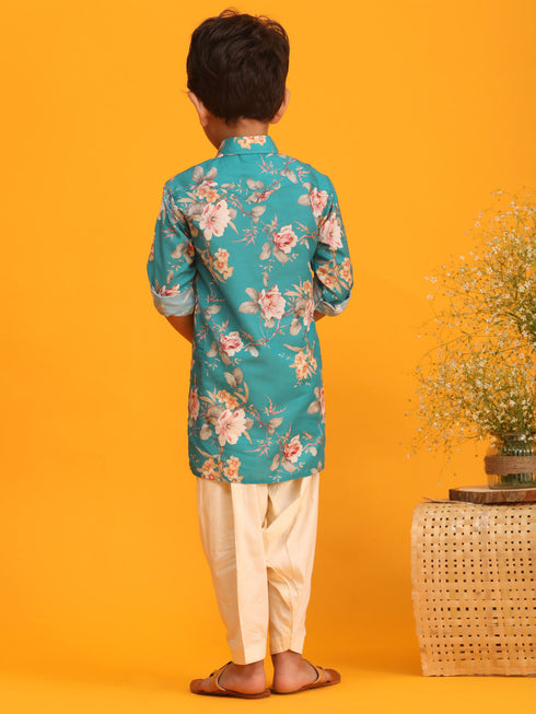 Vastramay Boy's Turquoise Floral Printed Kurta with Cream Solid Pyjama Set