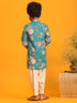 Vastramay Boy's Turquoise Floral Printed Kurta with Cream Solid Pyjama Set