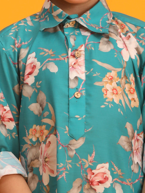 Vastramay Boy's Turquoise Floral Printed Kurta with Cream Solid Pyjama Set