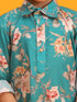Vastramay Boy's Turquoise Floral Printed Kurta with Cream Solid Pyjama Set