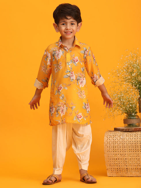 Vastramay Yellow Cotton Blend Floral Print Kurta Pyjama Sibling Set