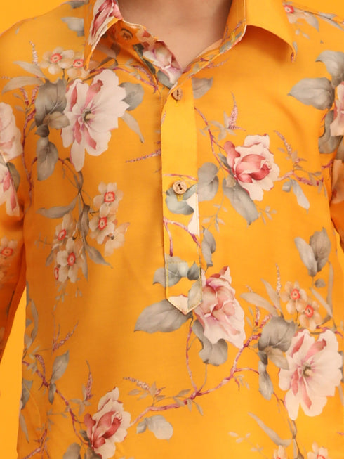 Vastramay Boy's Yellow Floral Printed Kurta with Cream Solid Pyjama Set