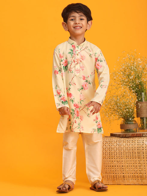 Vastramay Yellow Cotton Blend Floral Print Sibling Set