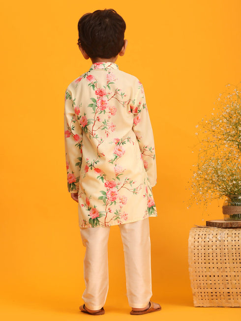 Vastramay Yellow Cotton Blend Floral Print Sibling Set