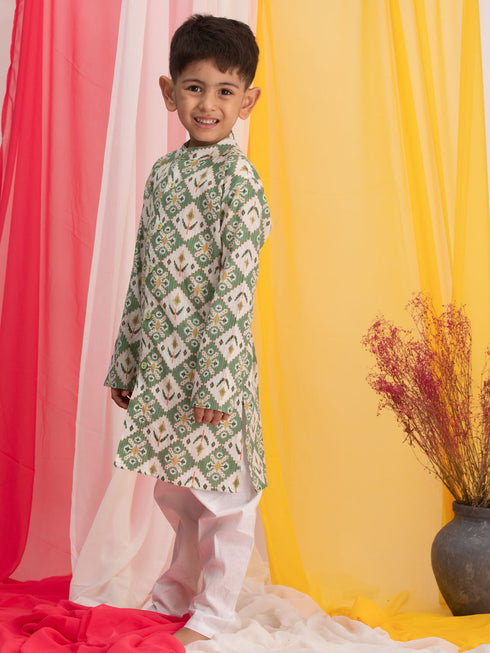 Vastramay Boy's Green Ikkat Print Front Open Kurta with Pyjama Set