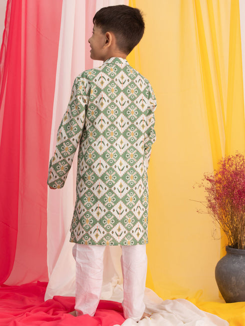 Vastramay Boy's Green Ikkat Print Front Open Kurta with Pyjama Set