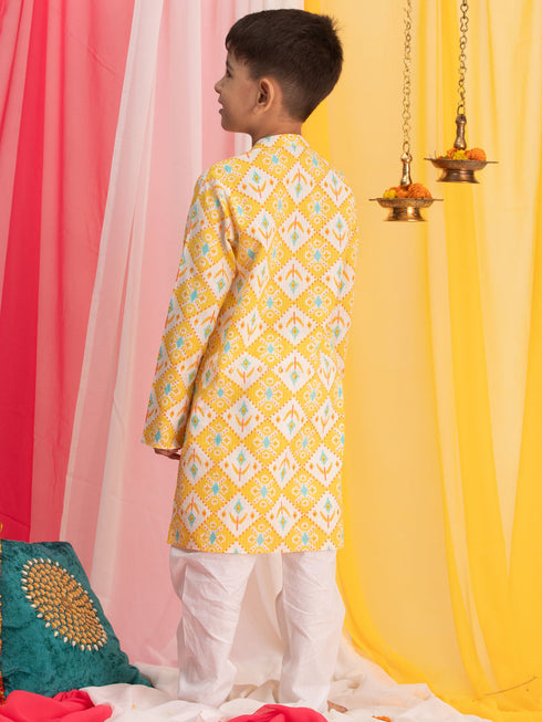 VASTRAMAY Yellow Ikkat Print Cotton Kurta Pyjama Sibling Set