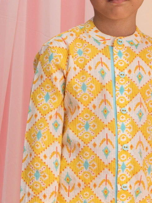 VASTRAMAY Yellow Ikkat Print Cotton Kurta Pyjama Sibling Set