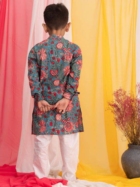 Vastramay Boy's Blue Floral Print Front Open Kurta with Pyjama Set