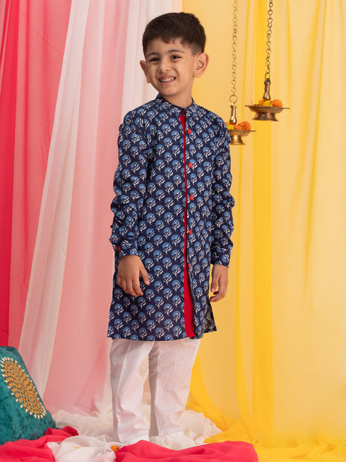 Vastramay Boy's Blue Floral Printed Front Open Kurta with Pyjama Set