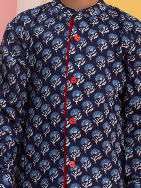 Vastramay Boy's Blue Floral Printed Front Open Kurta with Pyjama Set