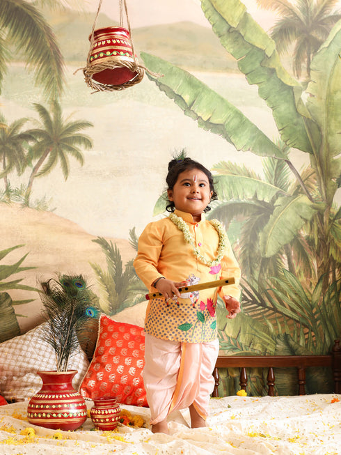 VASTRAMAY SISHU Boys' Yellow Krishna Kurta And Dhoti Set