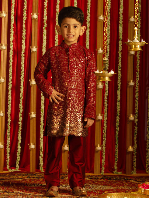 Vastramay Boys' Maroon Sequin With Zari Worked Georgette Kurta Pyjama Set