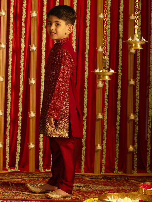 Vastramay Boys' Maroon Sequin With Zari Worked Georgette Kurta Pyjama Set