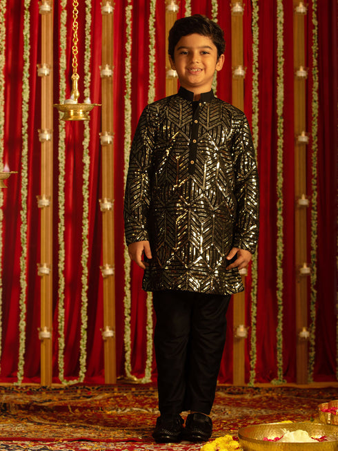 Vastramay Boys' Black Embellished Georgette Kurta Pyjama Set