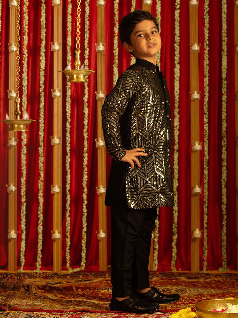 Vastramay Boys' Black Embellished Georgette Kurta Pyjama Set