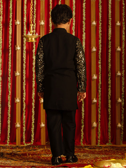 Vastramay Boys' Black Embellished Georgette Kurta Pyjama Set