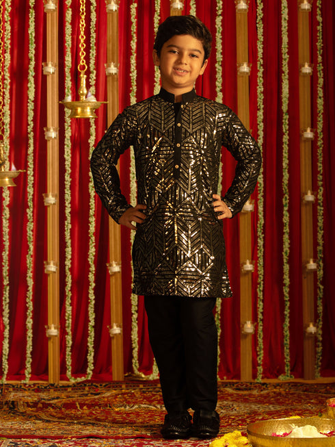 Vastramay Boys' Black Embellished Georgette Kurta Pyjama Set