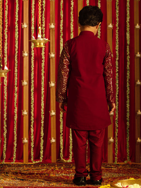 Vastramay Maroon Georgette Embroidered Kurta Pyjama Baap Beta Set