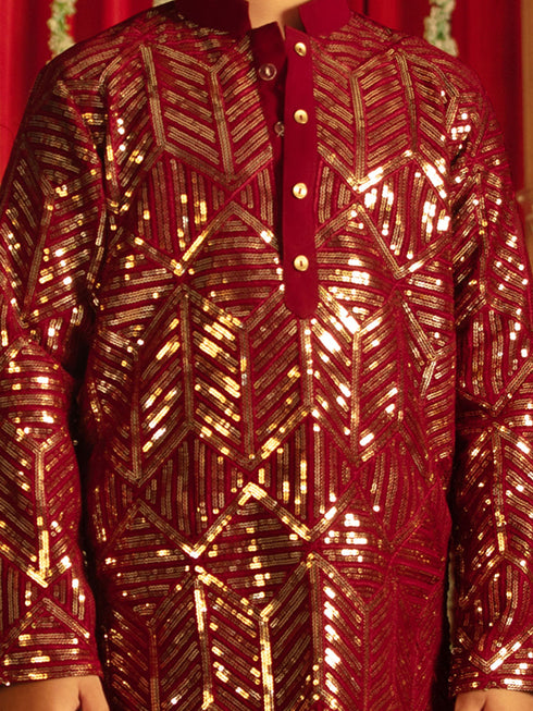 Vastramay Maroon Georgette Embroidered Kurta Pyjama Baap Beta Set