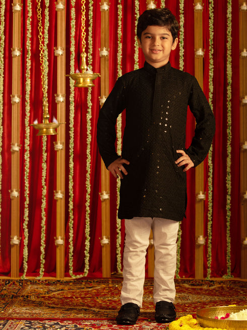 Vastramay Boys' Black And White Schiffli Kurta Pyjama Set