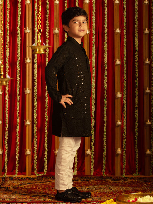 Vastramay Boys' Black And White Schiffli Kurta Pyjama Set