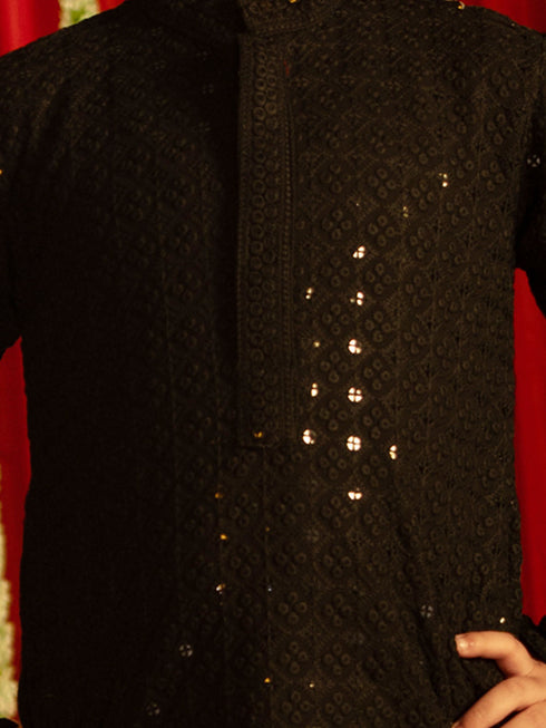 Vastramay Boys' Black And White Schiffli Kurta Pyjama Set