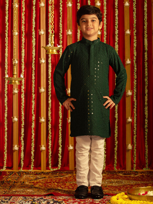 Vastramay Boys' Green And White Schiffli Kurta Pyjama Set