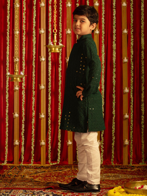 Vastramay Boys' Green And White Schiffli Kurta Pyjama Set