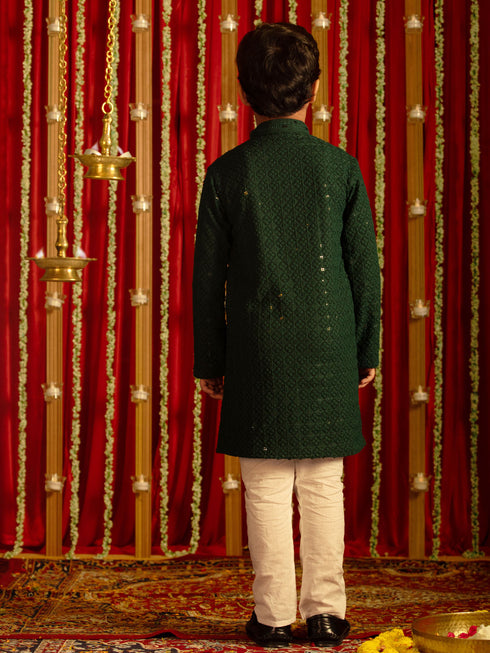 Vastramay Boys' Green And White Schiffli Kurta Pyjama Set