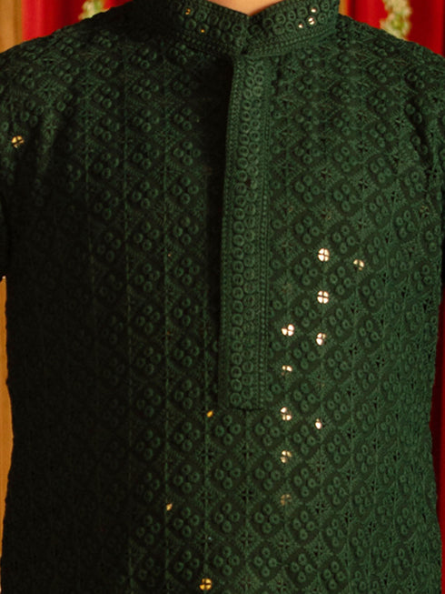 Vastramay Boys' Green And White Schiffli Kurta Pyjama Set