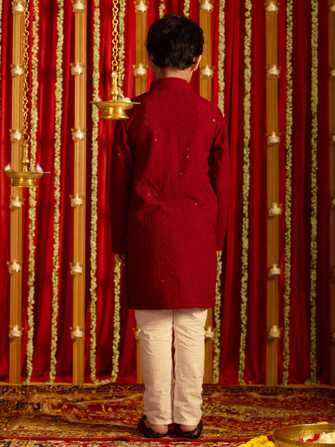 Vastramay Boys' Maroon And White Schiffli Kurta Pyjama Set