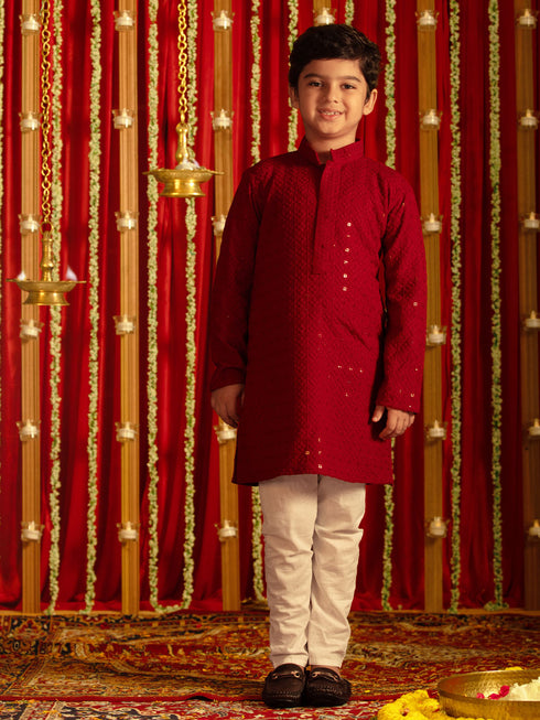 Vastramay Boys' Maroon And White Schiffli Kurta Pyjama Set