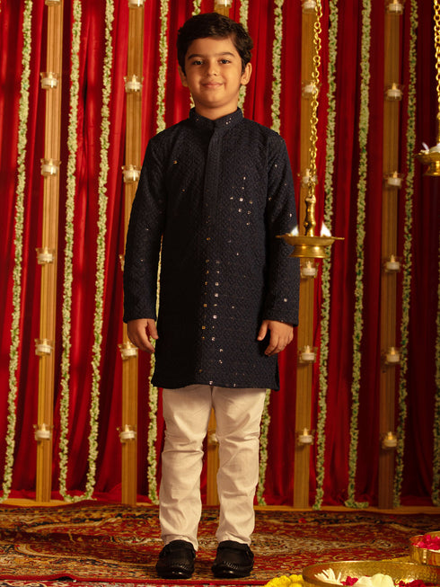Vastramay Boys' Navy Blue And White Schiffli Kurta Pyjama Set