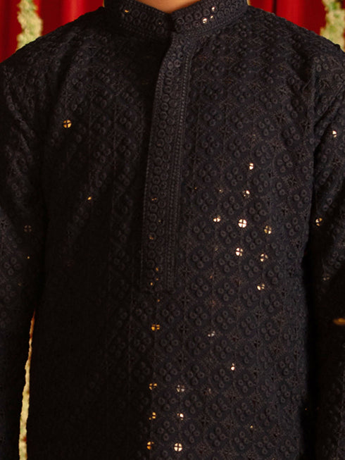 Vastramay Boys' Navy Blue And White Schiffli Kurta Pyjama Set