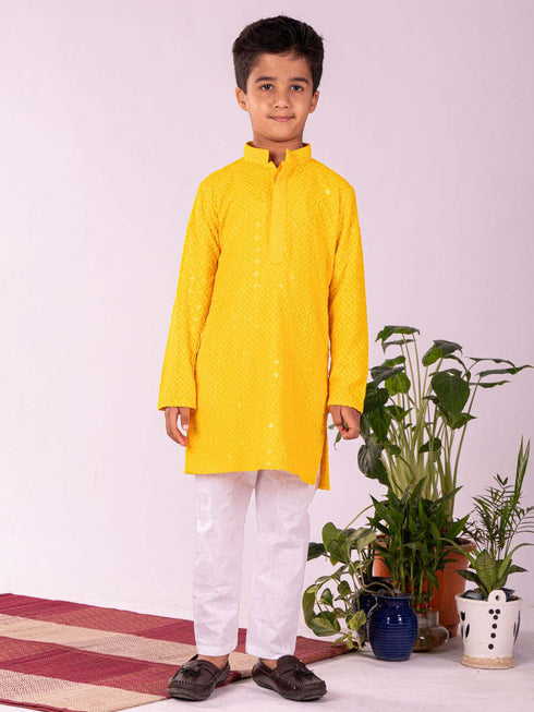 Vastramay Boys' Yellow And White Schiffli Kurta Pyjama Set