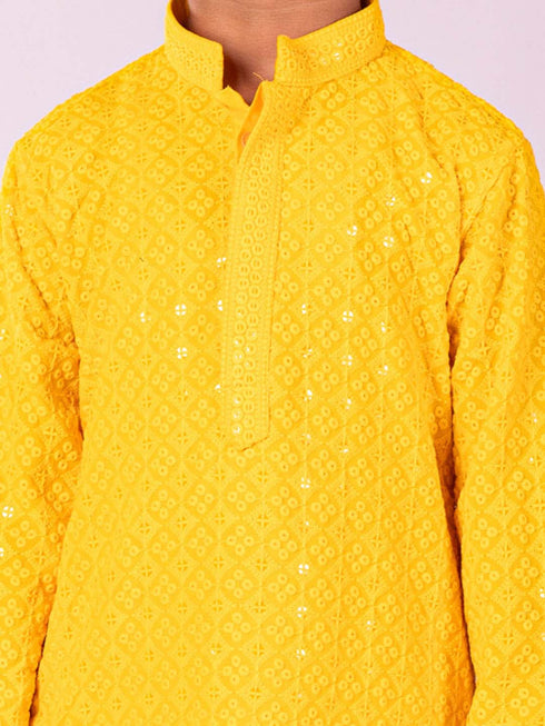 Vastramay Boys' Yellow And White Schiffli Kurta Pyjama Set