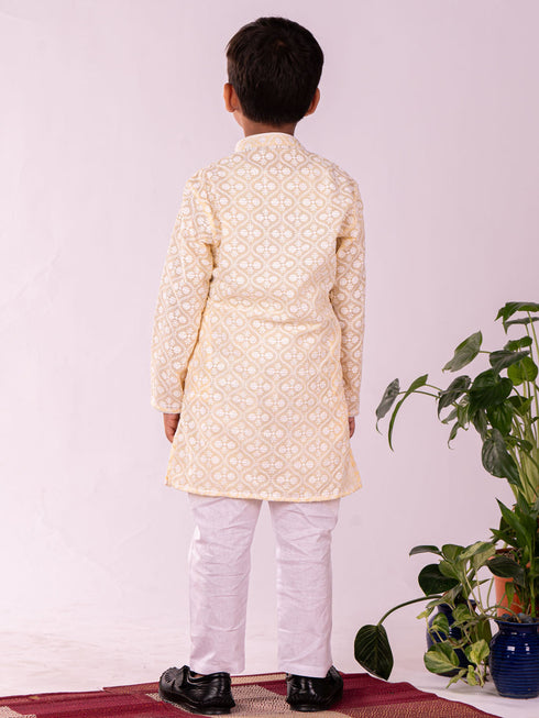Vastramay Boys Yellow Chikankari Worked Cotton Kurta Pyjama Set