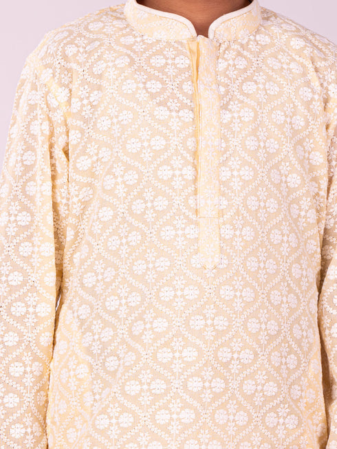 Vastramay Boys Yellow Chikankari Worked Cotton Kurta Pyjama Set
