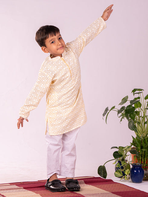 Vastramay Boys Yellow Chikankari Worked Cotton Kurta Pyjama Set
