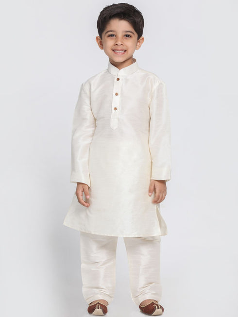 Vastramay Boys' Cream Cotton Silk Blend Kurta and Pyjama Set