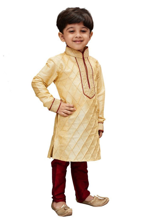 Vastramay Boys' Gold Cotton Silk Kurta and Pyjama Set