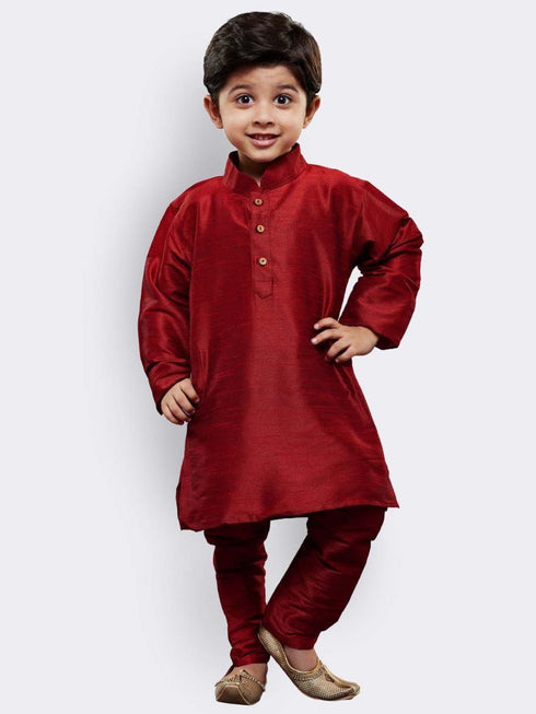 Vastramay Boys' Maroon Cotton Silk Kurta and Pyjama Set