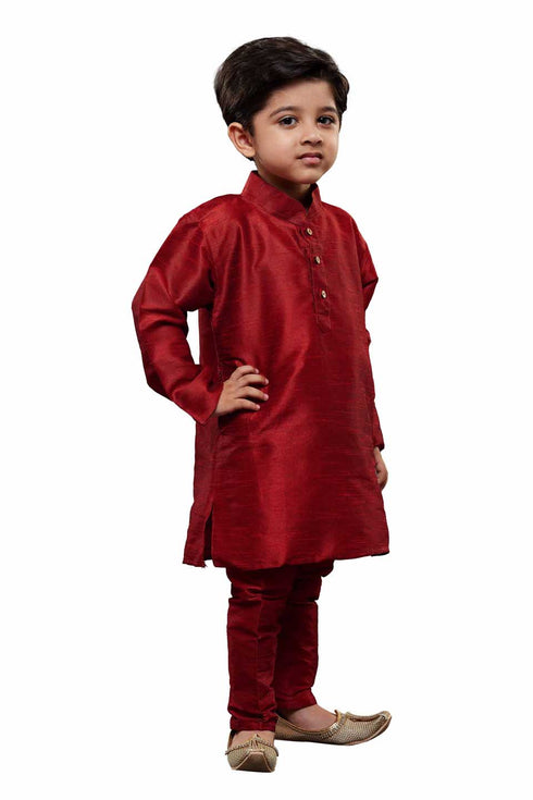 Vastramay Boys' Maroon Cotton Silk Kurta and Pyjama Set