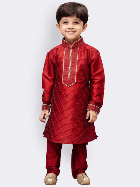 JBN CREATION Boys' Maroon Cotton Silk Kurta and Pyjama Set